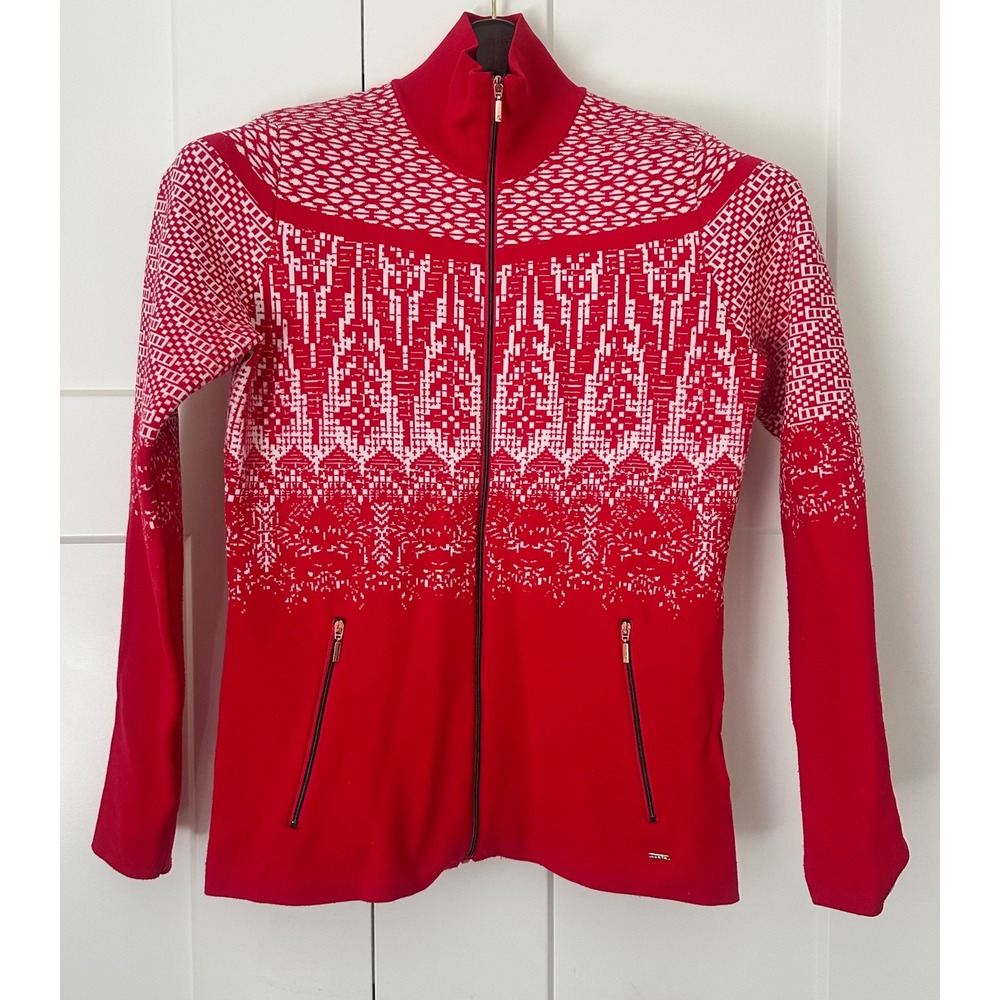 Luhta Red White Patterned Full Zip Knit Cardigan Mock Neck Nordic Ski Womens 38